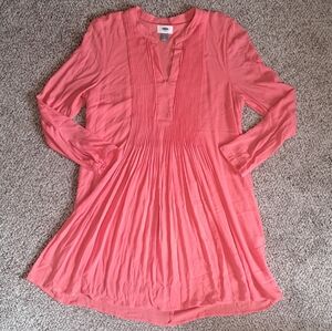 Old Navy Pintuck V-Neck Long Sleeve Coral Pink Orange Dress Women's Size Medium
